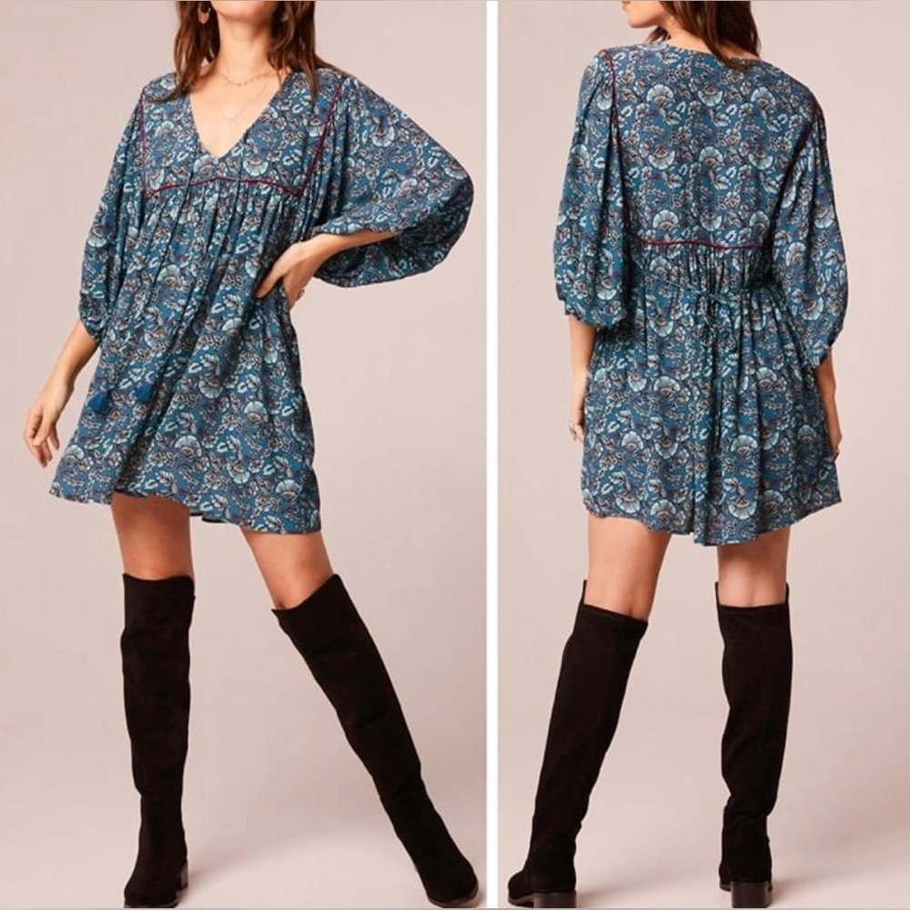 NWT Band of the Free Mallory Floral Babydoll Mini Dress Sz. S [4-6] Teal Aqua